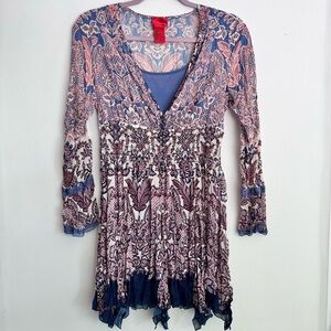 V Cristina Floral Boho Cottagecore Peasant‎  Handkerchief Hem Mini Dres Size S